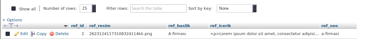 phpMyAdmin tablo görünümü